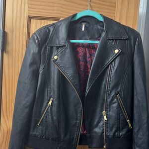 Free People Black Faux Leather Jacket with Gold Zippers